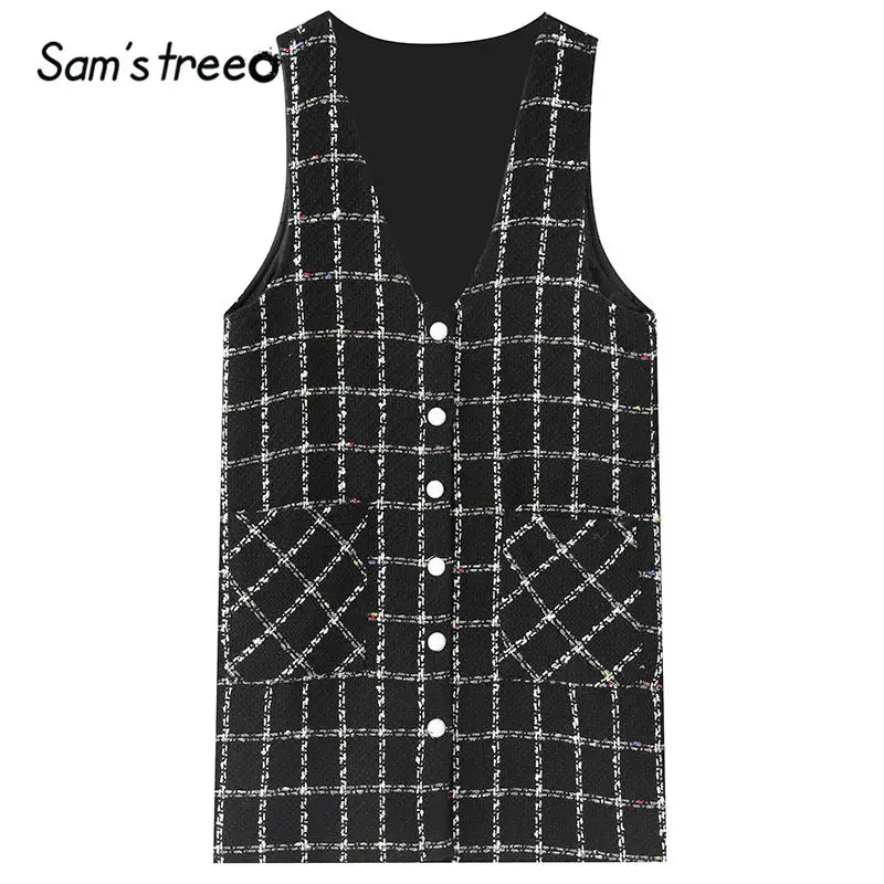 SAM'S TREE/черное твидовое Повседневное платье в клетку без рукавов для женщин; коллекция года; зимнее белое платье на пуговицах с карманами для офиса; повседневные платья для женщин