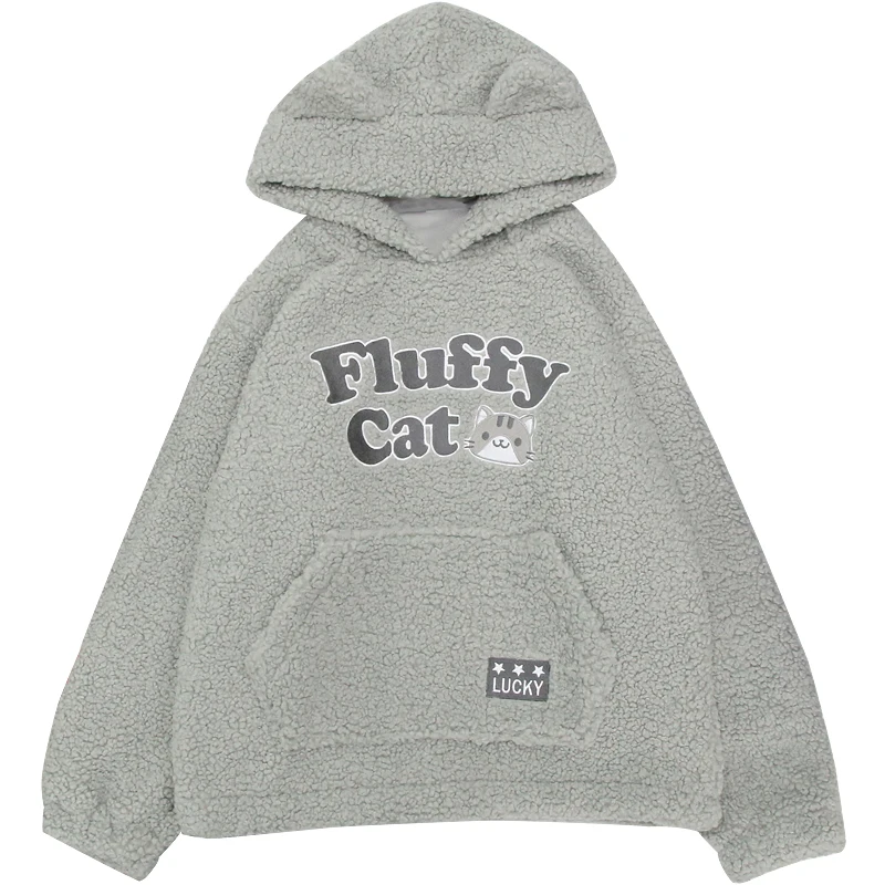 

Thicken Plush Hoodies Women Japanese Soft Sister Sweet Loose Cute Cat Embroidery Cat Ears Hooded Girl Pullover Student Tops