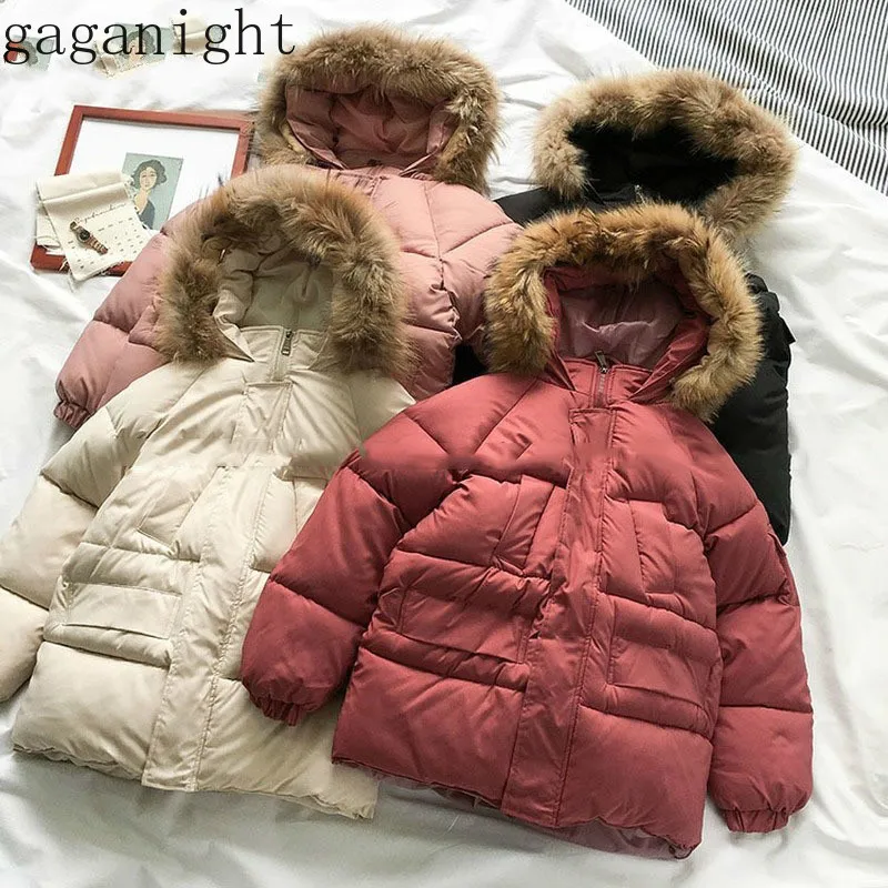 Gaganight модные корейские женские теплые парки Толстые Твердые молнии с капюшоном карман пальто для девочек зимняя верхняя одежда шикарные повседневные свободные пальто