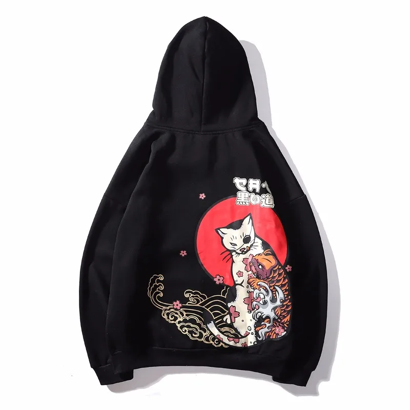 Черный Harajuku Японский тату Кот печати флисовые толстовки для мужчин хип хоп Пуловер толстовки с капюшоном Повседневная хлопковая уличная Толстовка мужская - Цвет: Черный