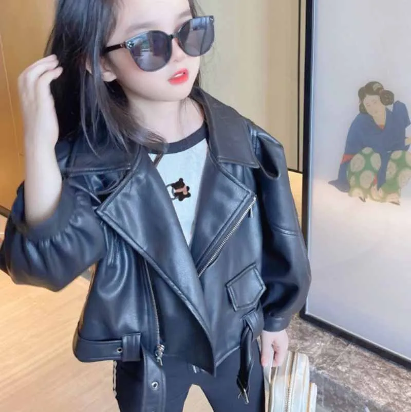 

Cultiseed Girls Black Turn Down Color PU Leather Jackets With Puff Sleeve Children Kids Autumn New Holiday Casual Outerwear Coat