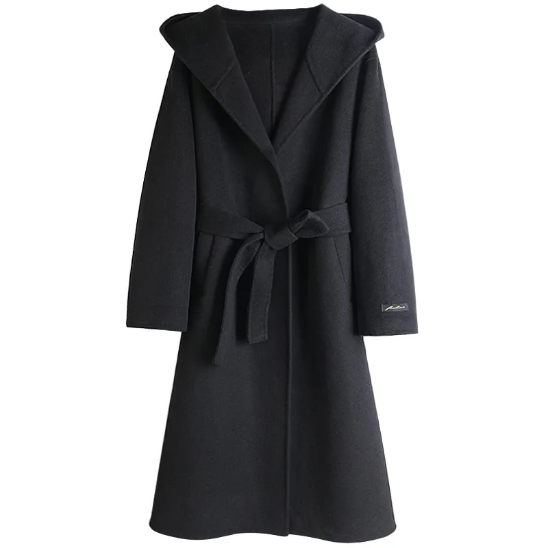 

Women Coats Autumn Winter Hooded Belt Adjustable Waist Solid Abrigos Mujer Elegante Coats and Jackets Women Jacket Long