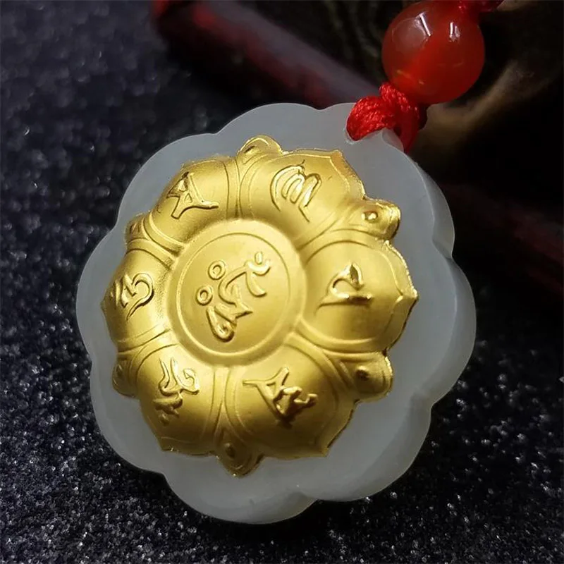 

Drop Shipping Hetian Jade Pendant Gold Jade Six-word Rumor Necklace Lucky Amulet Buddhism Mantra Jewelry For Men Women Gift