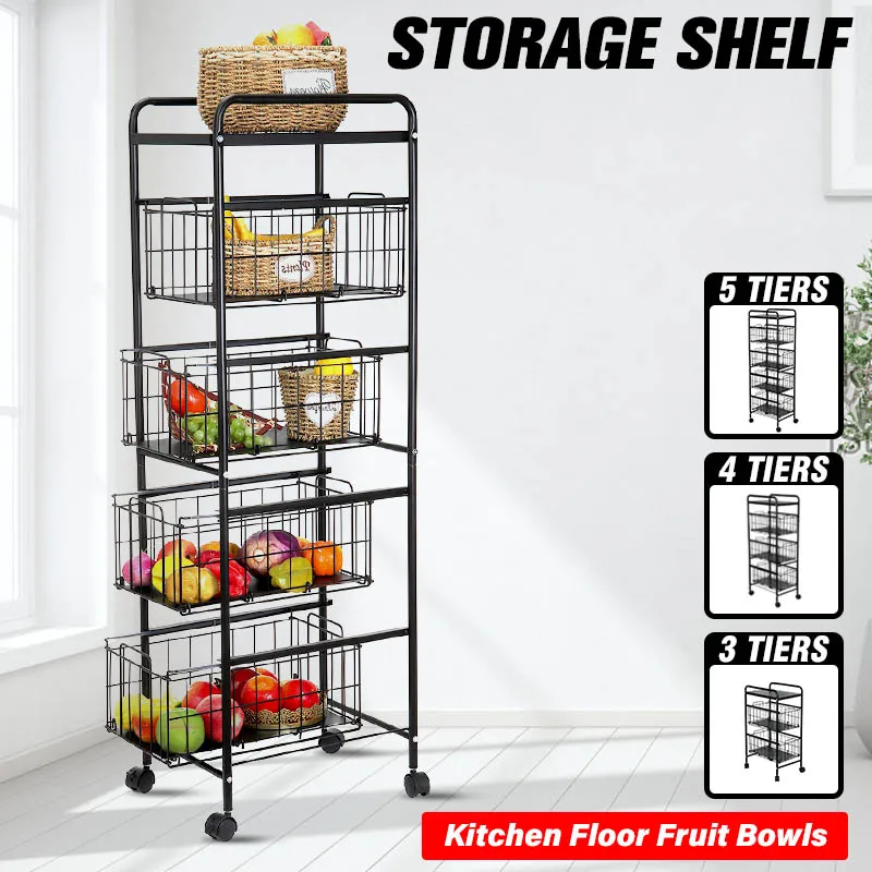 

3/4/5 Layers Kitchen Floor Fruit Bowls with Wheel Carbon Storage Rack Holder Vegetable Fruit Organizer Movable Home Floor Shelf