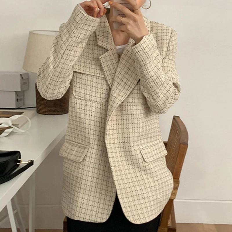 Женский клетчатый пиджак BornSra винтажный элегантный свободный с отложным