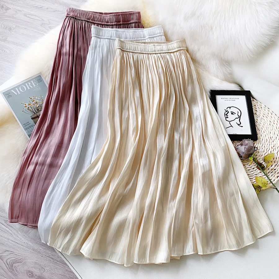 

2021 Summer Autumn Pleated Skirt Womens Vintage High Waist Skirt Solid Long Skirt Fashion Metallic Skirt
