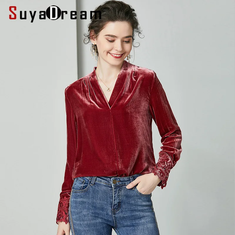 Женская велюровая блузка SuyaDream Весенняя офисная из 100% шелка с длинным рукавом и V