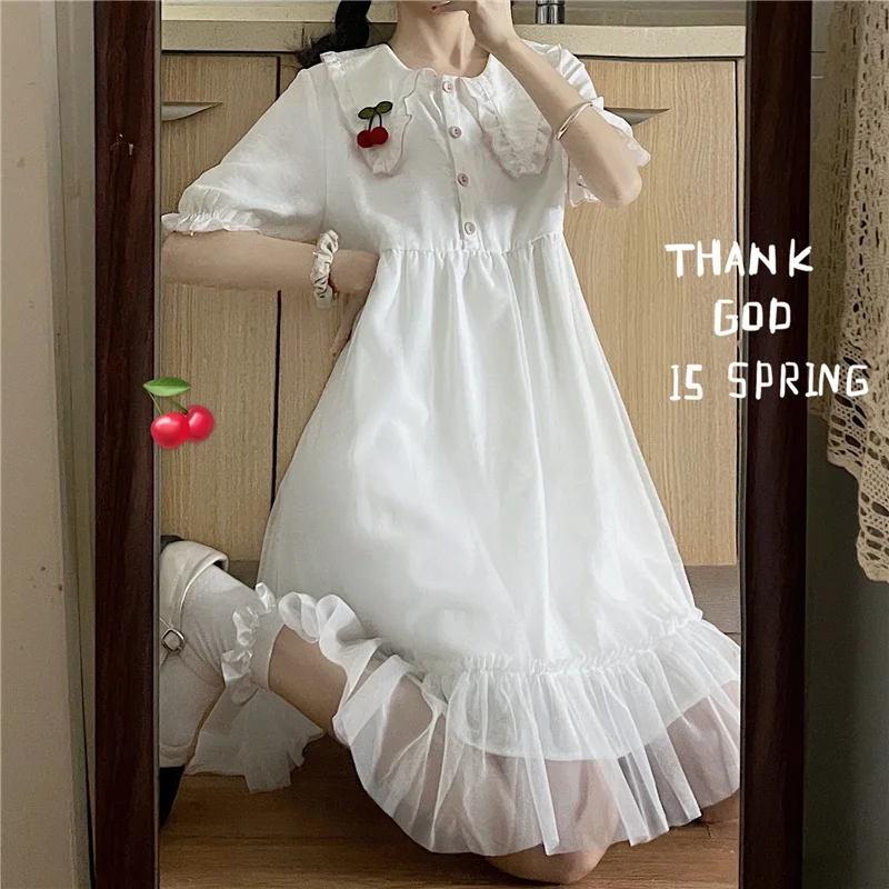 

Japanese Elegant Casual White Fairy Women Dress 2021 New Summer Peter Pan Collar Puff Sleeve Gauze Lace Chic Mini Dress Vestidos