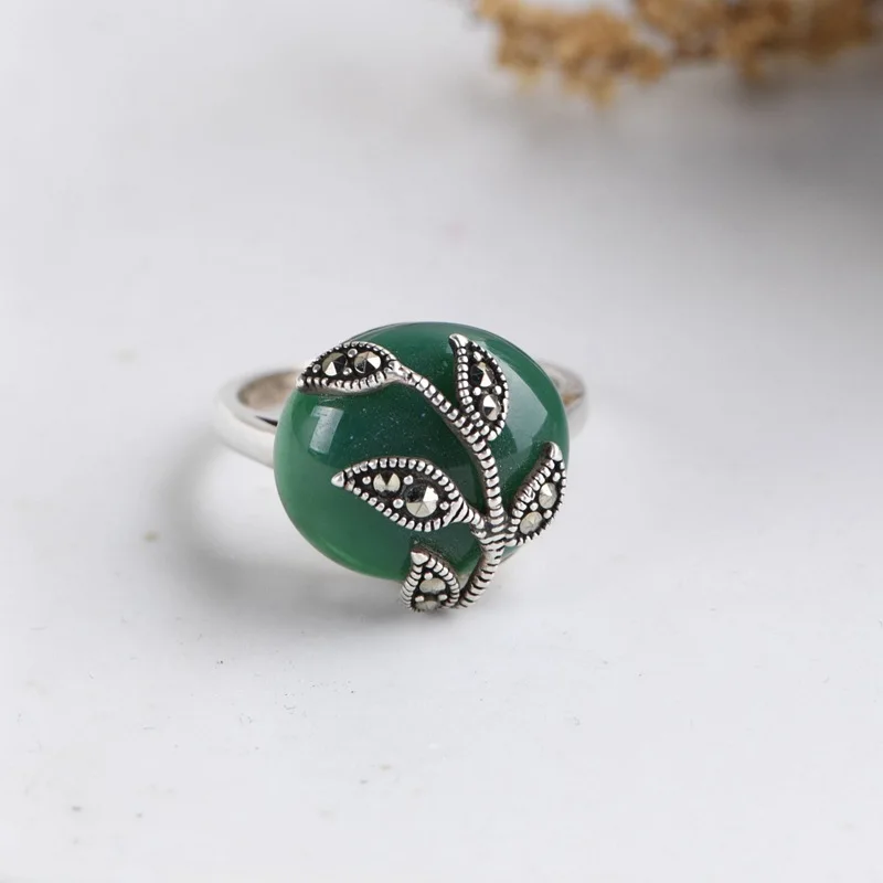 

FNJ 925 Серебряное кольцо для Для женщин ювелирные изделия 100% оригинальный чистый S925 Стерлинговое Серебряные кольца лист натуральный зеленый агат розового корунд
