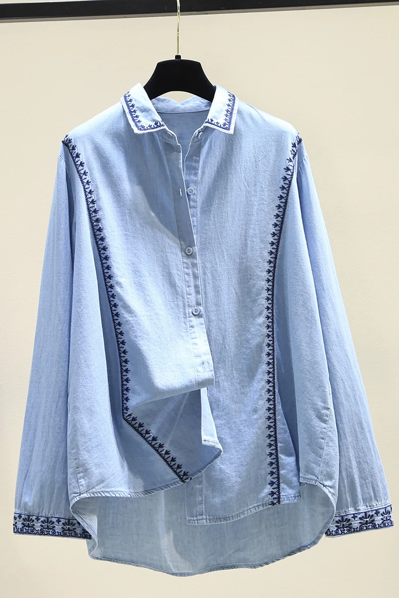

SuperAen Blue Shirts Women Loose 2021 Autumn New Embroidery Plus Size All Match Full Tops