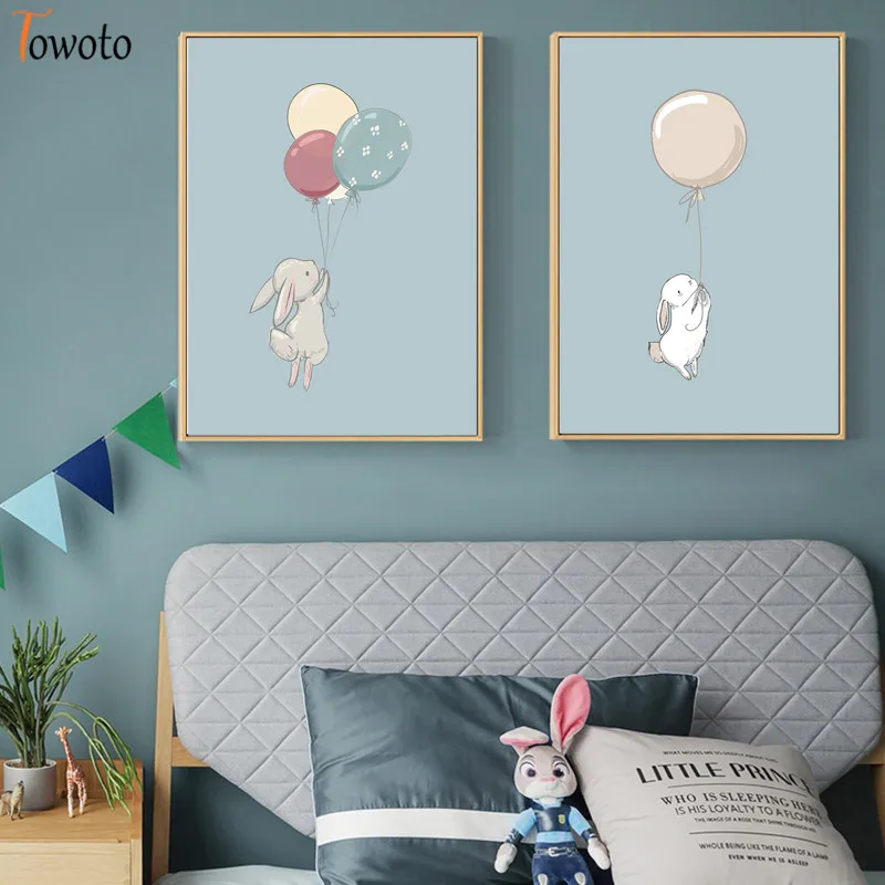 Картина на холсте с милым Кроликом Летающий кролик воздушным шаром постер