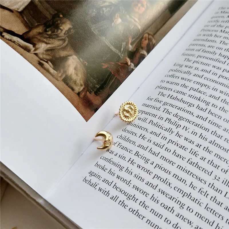 

POFUNUO 925 Sterling Silver Original Creative Design Women Stud Earrings Cute Girls Sun Crescent Moon Asymmetry Chic Earrings