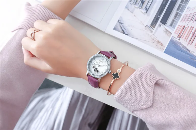 Relogio feminino, OUBAOER, автоматические механические часы для женщин, модные, стразы, полый дизайн, часы с кожаным ремешком, водонепроницаемые часы