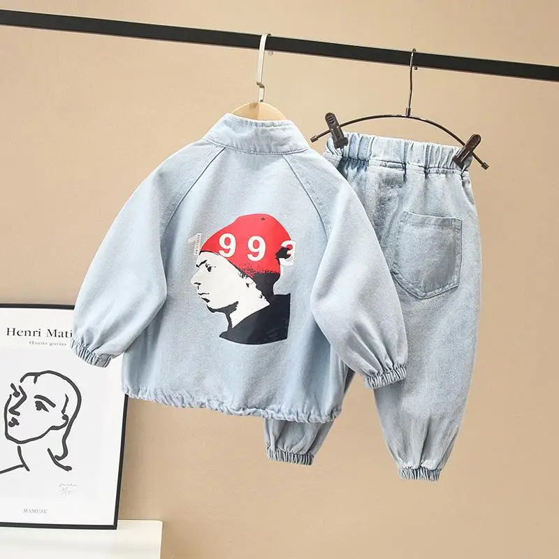 Fashion Baby Boy Denim Clothes Set Coat+Pant 2PCS Bebe Kids Cartoon Jean Jacket Clothing Suit Long Sleeve Spring Autumn 1-10Y | Детская