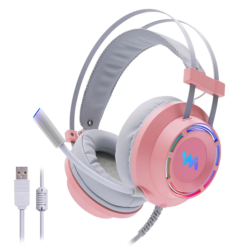 Cosbary, розовые наушники, игровая гарнитура с микрофоном, USB, проводная, 7,1, объемный звук, светодиодный светильник для ПК, геймера, компьютера, ноутбука, Xbox