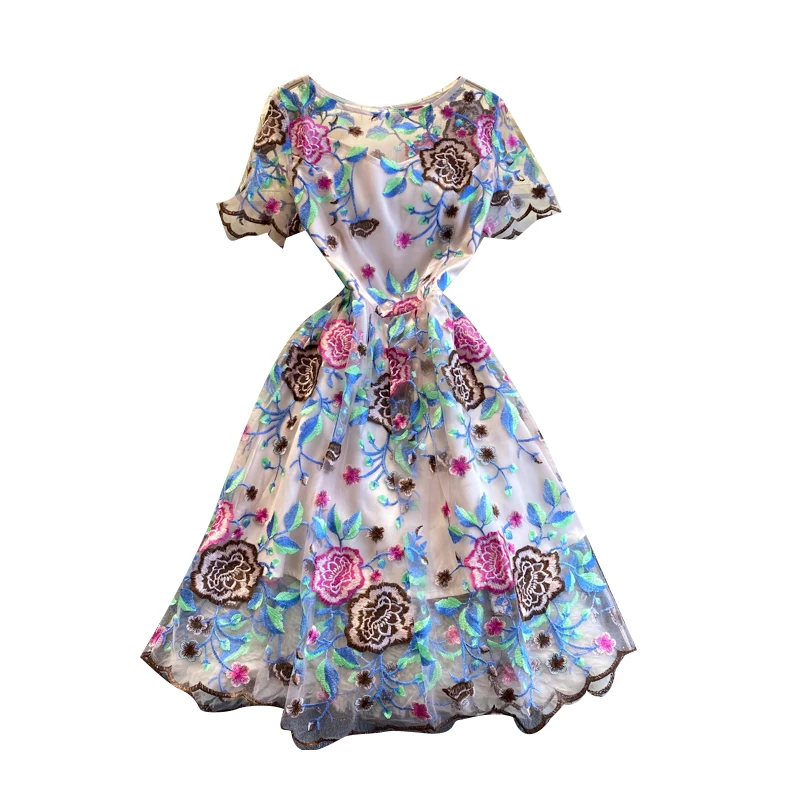 

2021 Spring Summer New Vestidos Female Embroidery Flowers Round Neck Wave Pattern Short-sleeved Waist Slim Midi Dress C496