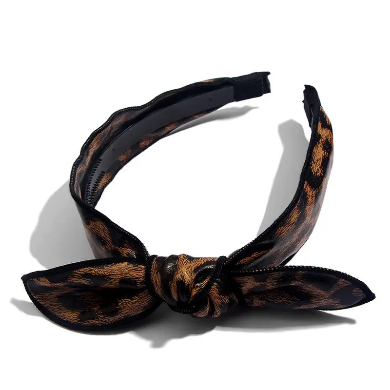 

Vintage Leopard PU Leather Headband For Women Handmade Knotted Bow Hairband Wide Bezel Head Hoop Girl Hair Accessories