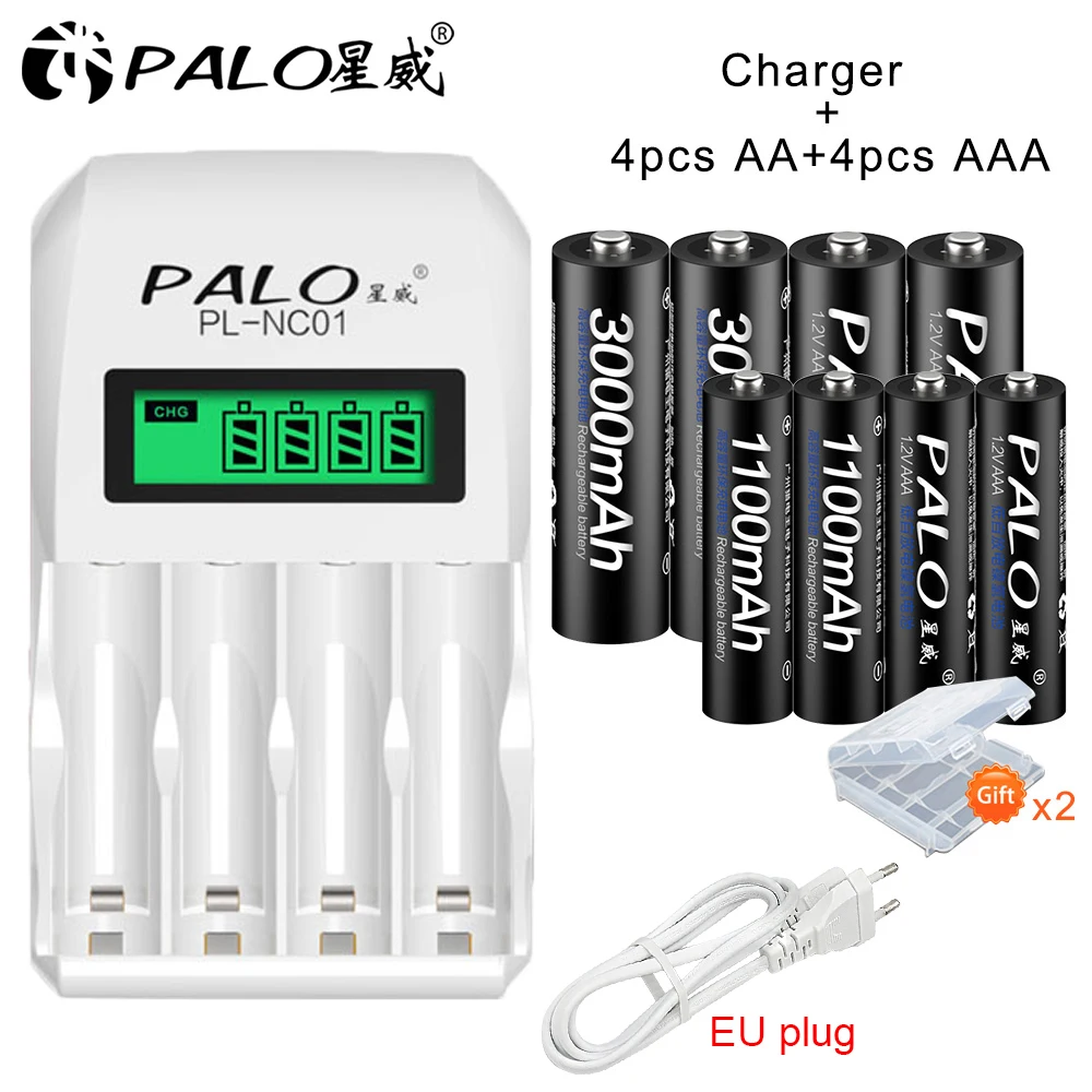 

4Pcs AAA Batteries 1100mAh +4Pcs AA Rechargeable Battery 3000mAh + LCD Charger for 1.2v Ni-MH Ni-CD AA AAA Rechargeable Battery