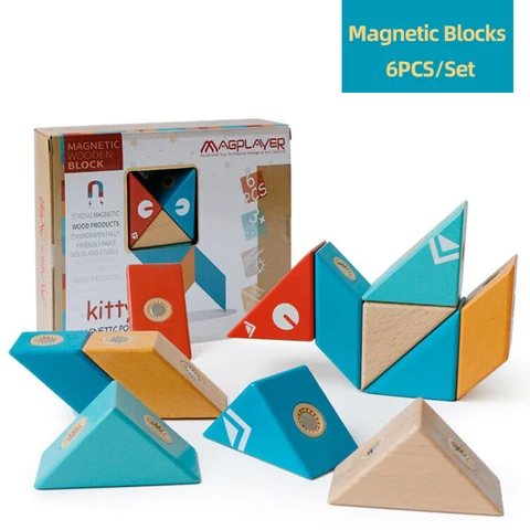 MAGPLAYER Когнитивная интерактивная игра игрушки Ранние 6 шт. обучение Магнитные деревянные блоки игрушки дошкольные образовательные игрушки для детей