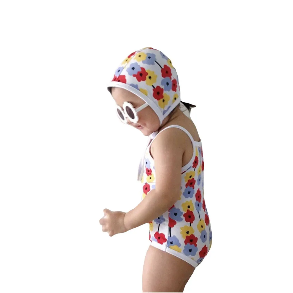 

New Children's swimsuit Cap set Baby Girls Floral Sling Bikini with Hood Swimwear Bathing Suit Pool Swimming Beach Biquini