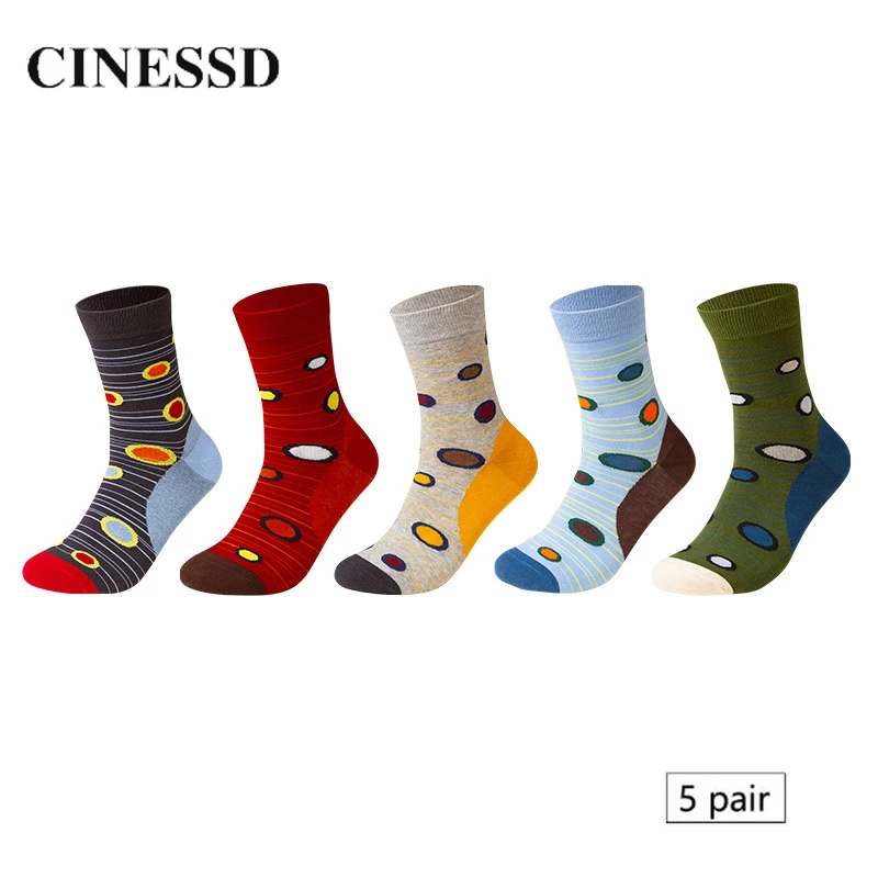 5 Pairs Crew Men Socks New Autumn sports Personality Stripe Dot Casual Business Combed Cotton Absorb Sweat Breathable Man Sock