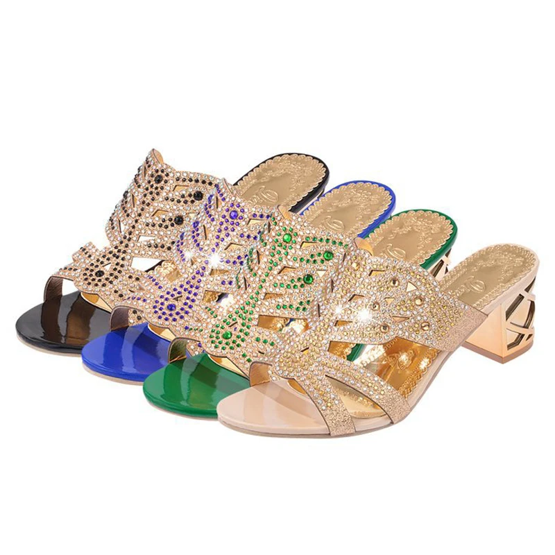 

Summer Hot Women's Fish Mouth Hollow Slippers Fashion Rhinestone Design Daily Casual Wear Mature Female Rough Heel Flip-flops