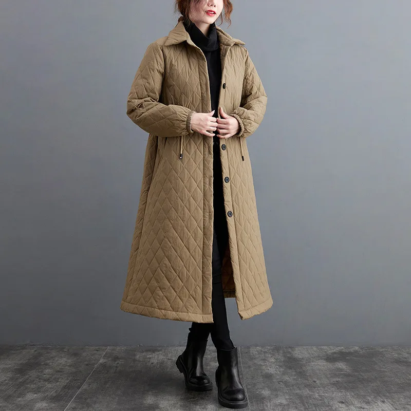 Women's Winter 2023 Fashion New Quilted Cotton Cardigan Long-sleeved Stand-up Collar Solid Color Wild Literary Retro Long Coat