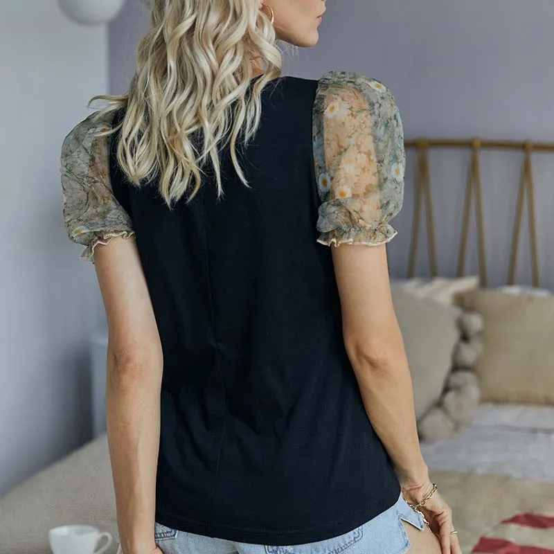 

Summer Casual Women Solid Short-Sleeve Shirt Tulle Bubble Sleeve Flower Stitching Blouse Round Neck Slim Elegant Shirt