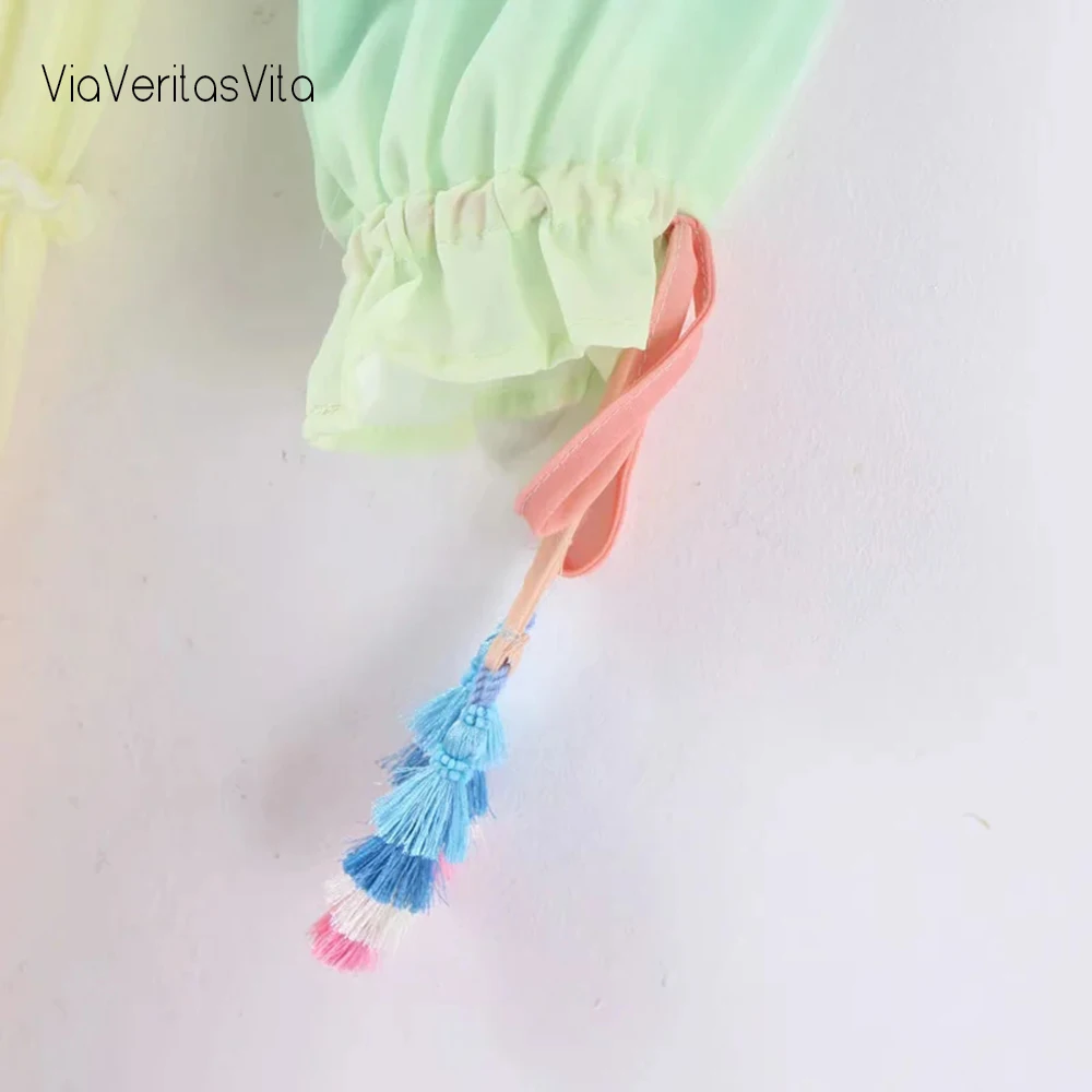 

Rainbow print Womens Beach Maxi Dress long sleeve V neck Bohemian sexy Dress Vestidos high waist boho Gradient Dress Mujer 2020