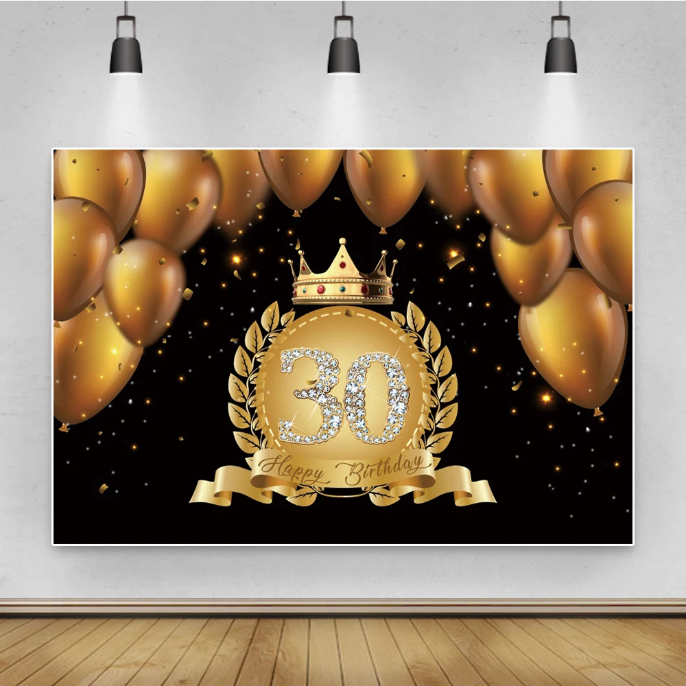 

Laeacco Dark Gold Balloons 30TH Birthday Party Crown Personalized Banner Photozone Photo Background Photography Backdrop Photo