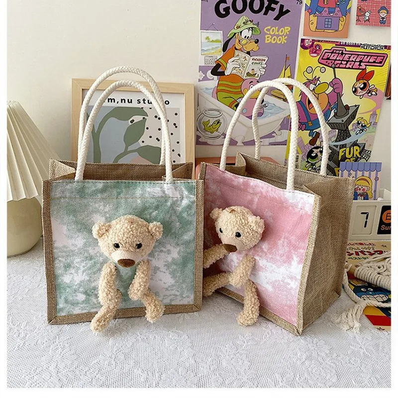 New 3D Bear Cartoon Student Handbag Trend Canvas Bag Lunch Bag Lunch Box Bag Fashion Tote Bag Tie Dye Handbag