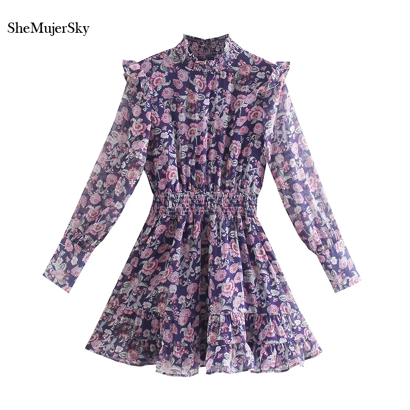 

SheMujerSky Women Long Sleeve Purple Dress With Lining Floral Print Stand Collar Elastic Waist Mini Dresses 2021