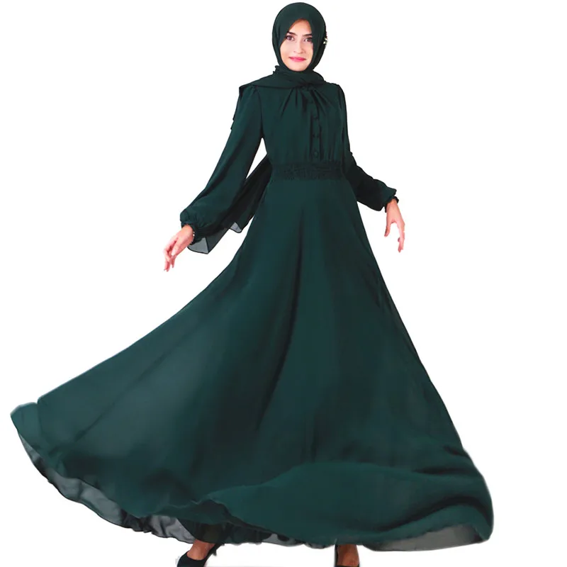 Женское шифоновое платье-Абая, с эластичной талией и манжетами, с закрытыми пуговицами