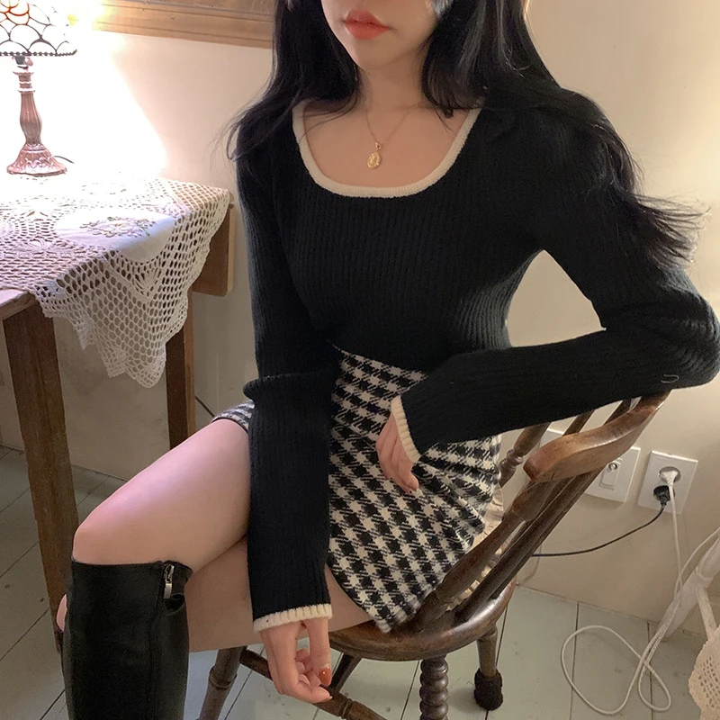 RICININA Knitted Sweater Women Jumper 2020 Long Puff Sleeve U Neck Solid Elegant Casual Wool Pullover Woman Spring | Женская одежда