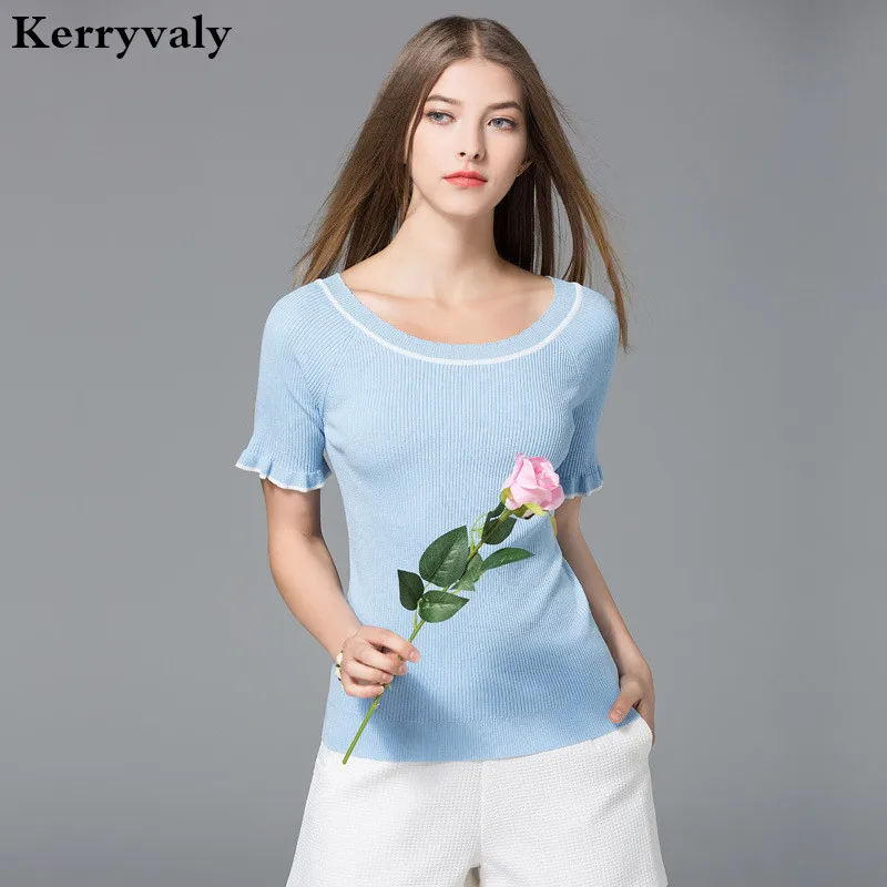 

Summer Blue Ice Silk Knitted Shirt Women Tops Ropa Mujer Verano 2018 Short-Sleeved T-shirt Pulover Feminino Haut Femme D2719457