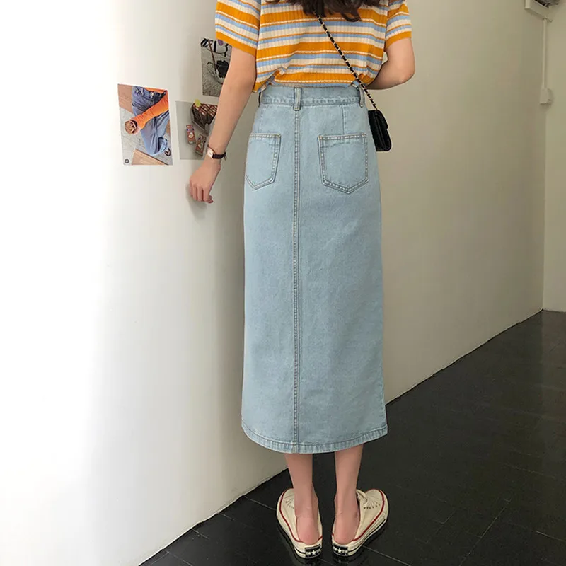 

Women Denim Skirt Korean High Waist Zip Female Straight Split Long Skirt Casual All-Match Street Wear Summer Skirt
