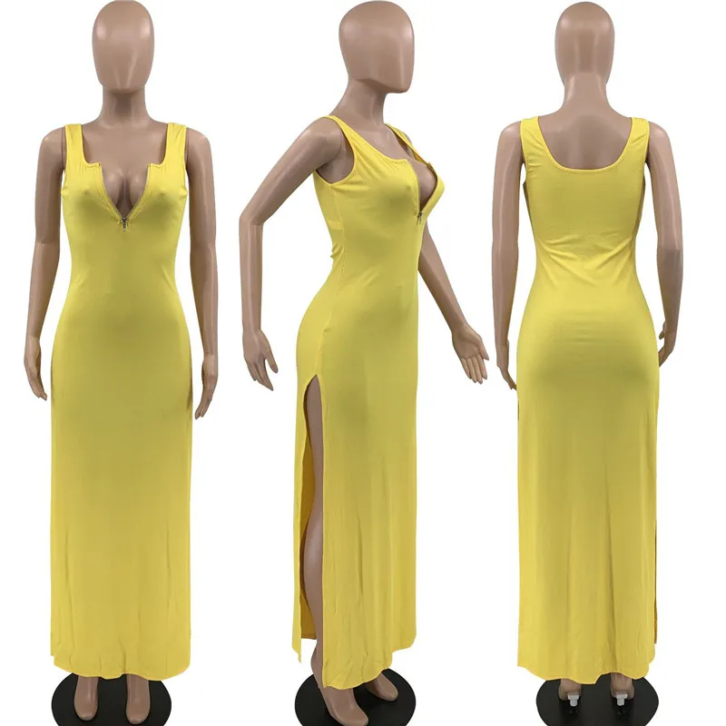 

WUHE Nightclub Sexy Women Summer Bodycon Side High Split Hollow Out Spaghetti Strap V Neck Zipper Up Casual Party Club Dresses
