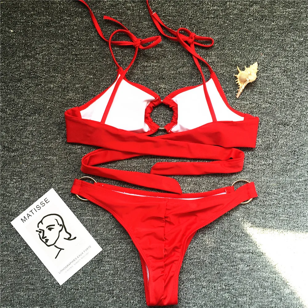 Женский купальник бикини Melphieer красно черный и белый с круглым кольцом