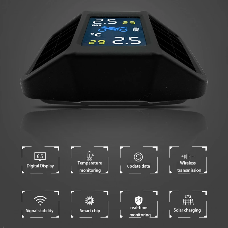 Solar Charging Motorcycle TPMS Motor Tire Pressure Temperature Monitoring Alarm System with 2 External Sensors | Автомобили и