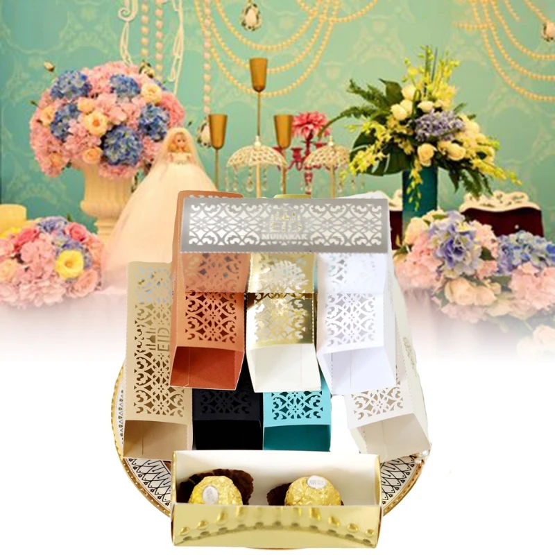 

100pcs Eid Mubarak Candy Box Hollow Ramadan Kareem Chocolate Gift Boxes Islamic Muslim Festival Happy Al-Fitr Event Party Drop