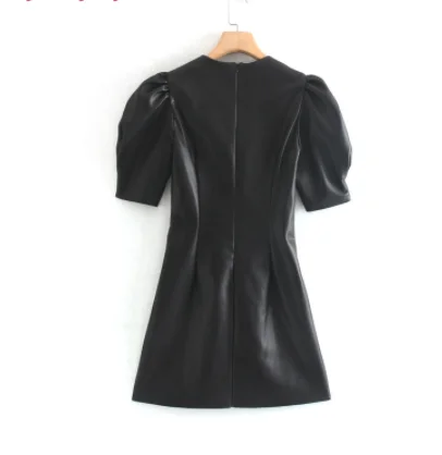Женское черное платье из искусственной кожи винтажное с коротким рукавом 2019 на