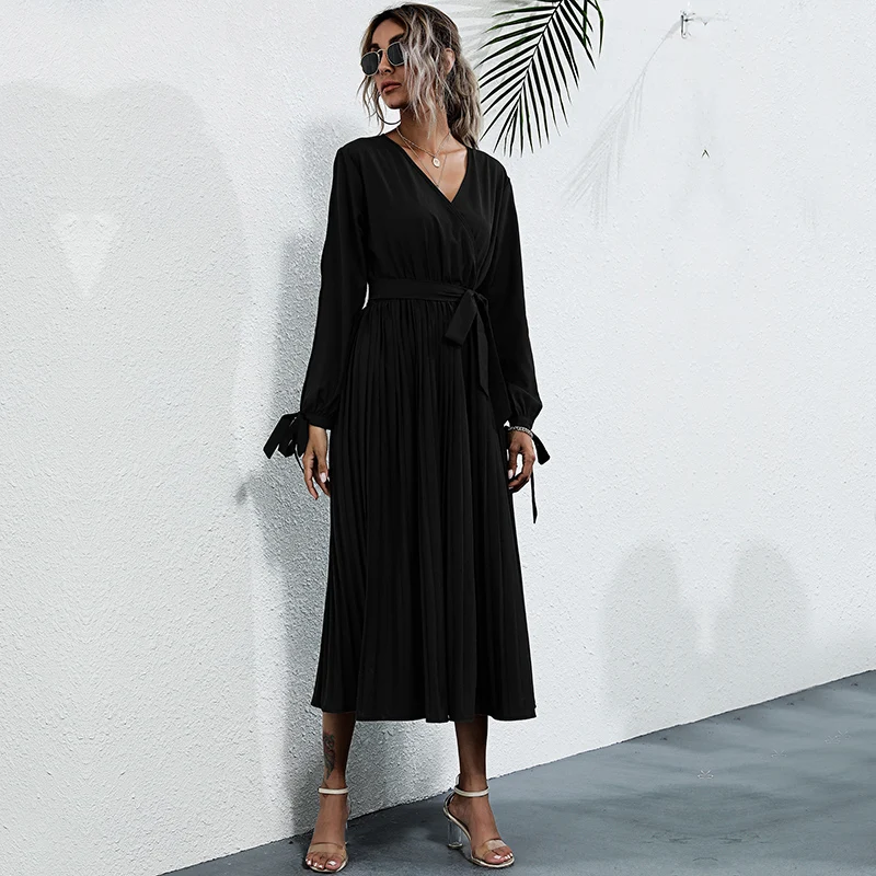 

Женское Модное Длинное однотонное платье, повседневное Бандажное платье с длинным рукавом и высокой талией на осень и зиму, новинка 2021 года,...