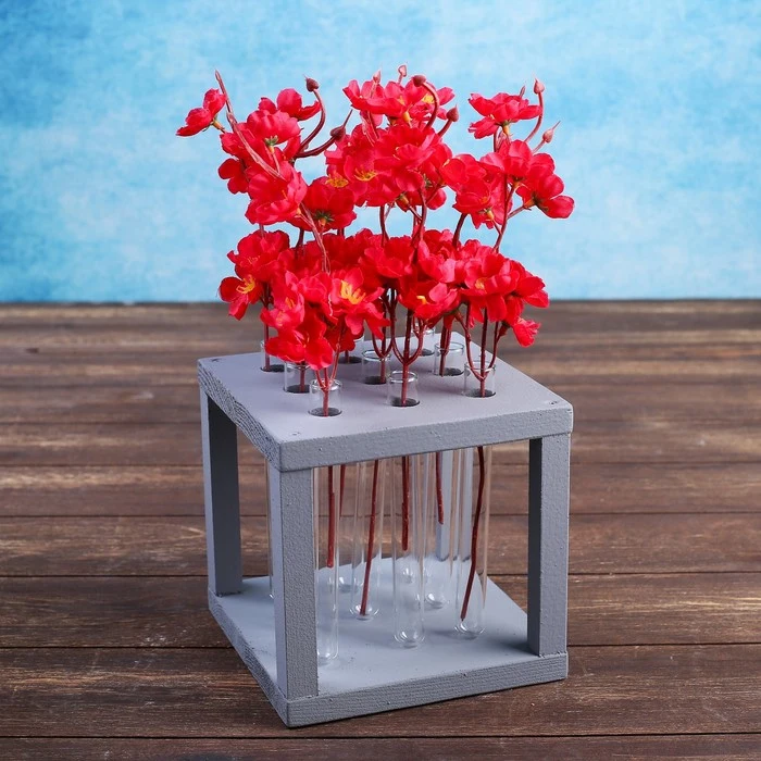 Кашпо деревянное с 9 колбами &quotКвадрат&quot серый светлый 4427689|Цветочные горшки и