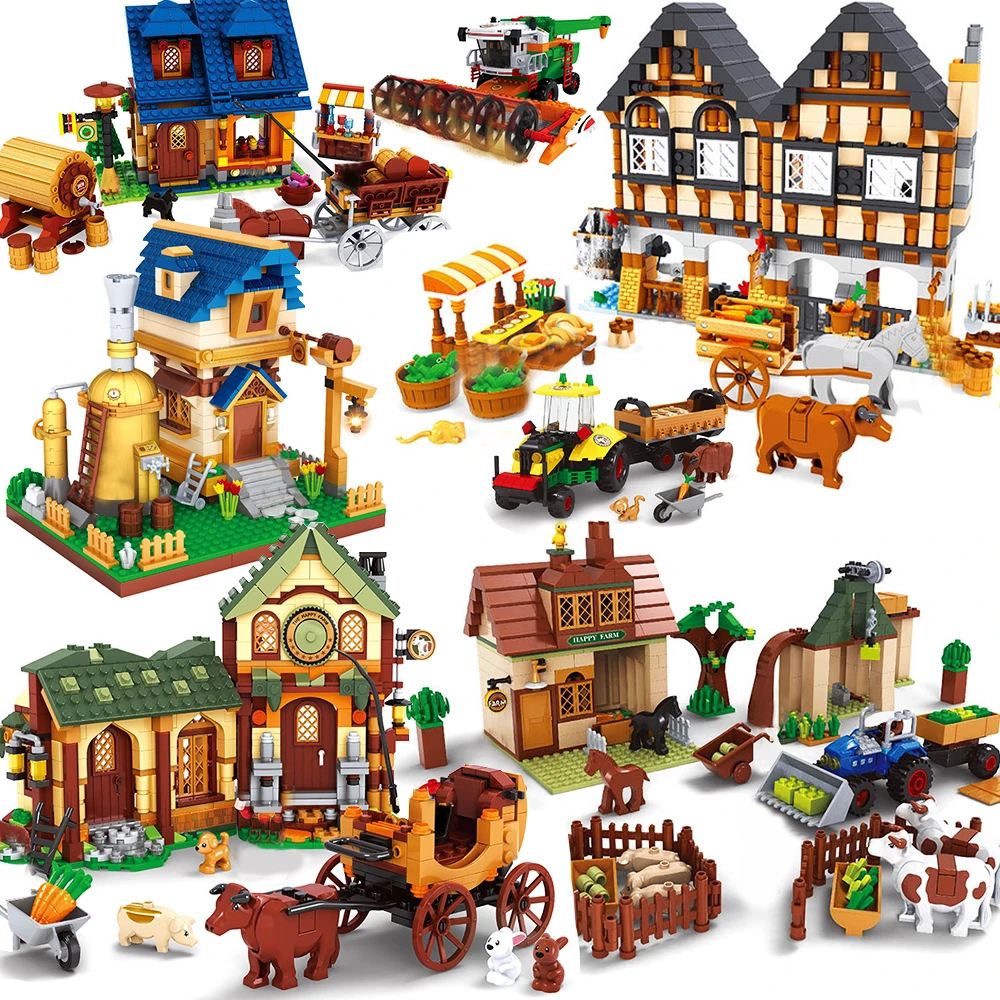 

Village Architecture Farm Model Building Blocks Animals Set Harvester Tractor Horse Carriage Cow FIgures Construction Toy Friend