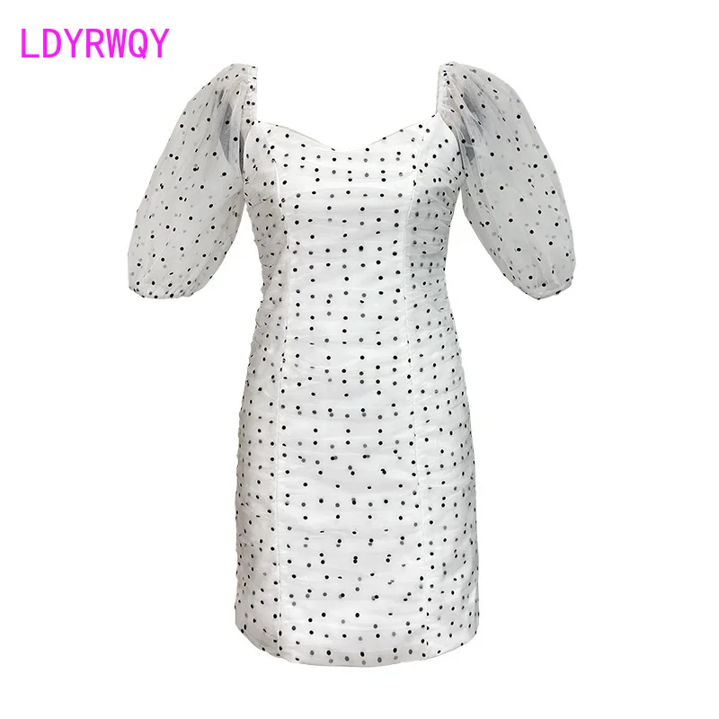 

LDYRWQY 2021 New Fashion Summer Korean V-neck Bubble Short Sleeve Slim Polka Dot White Fashion Mesh Dress Polyester