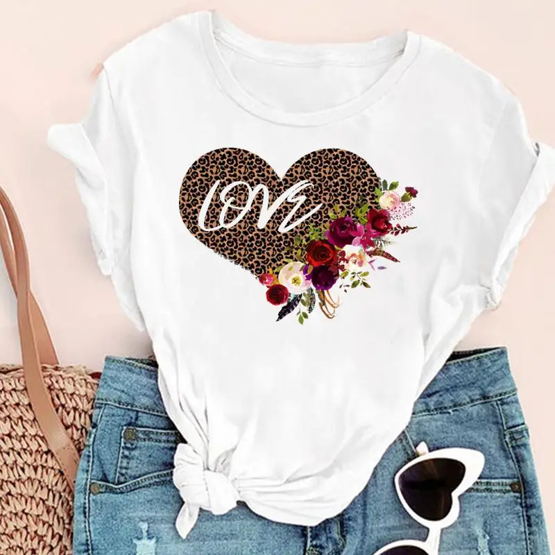 

Women Cartoon Flower Floral Love Sweet Ladies Fashion Print Graphic Summer Short Sleeve Female Clothes Tops Tees Tshirt T-Shirt
