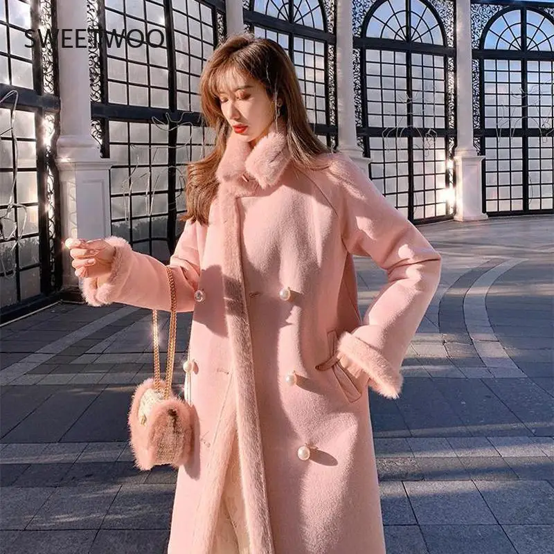 2021 Women Winter Thick Warm Elegant Pink Faux Fur Coats Female Turn Down Collar Fariy Wool Coats Lady Botton Outerwear