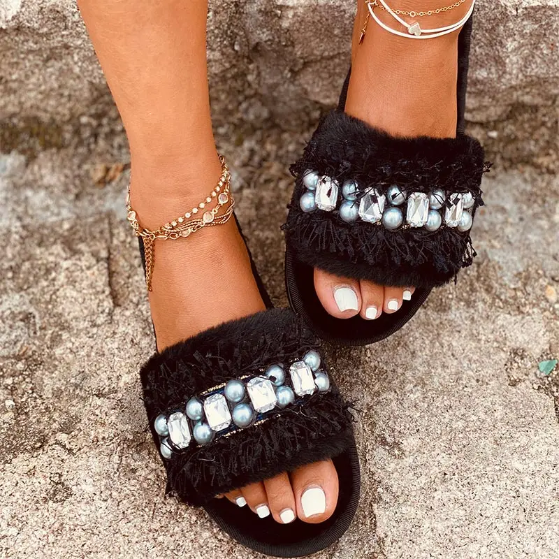 

Warm Slippers Women Furry Plush Ladies Luxury Beaded Fluffy Woman Causal Comfort Home Shoes Female Outside Winter New