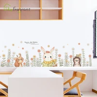 cartoon bunny picking flowers baseboard wall stickers for kids room living room home decor wall decoration self adhesive sticker