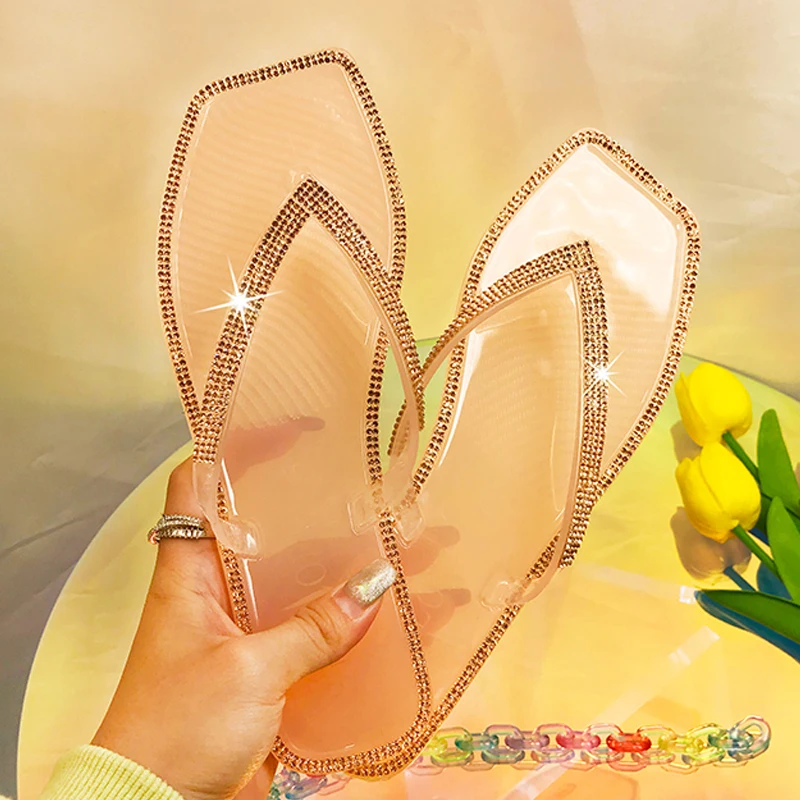 

Women Sandals 2021 Summer Slippers for Women Transparent Rhinestone Slipper Female Slides Fashion Beach Shoes Non-slip
